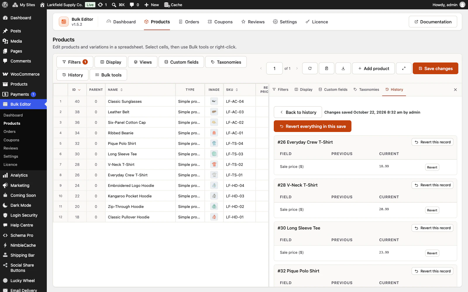 The History panel open beside the grid, showing the save from October 22, 2026 by admin. A Revert everything in this save button sits above one card per product, such as #26 Everyday Crew T-Shirt, listing the Sale price field with its previous and current value and a Revert button.