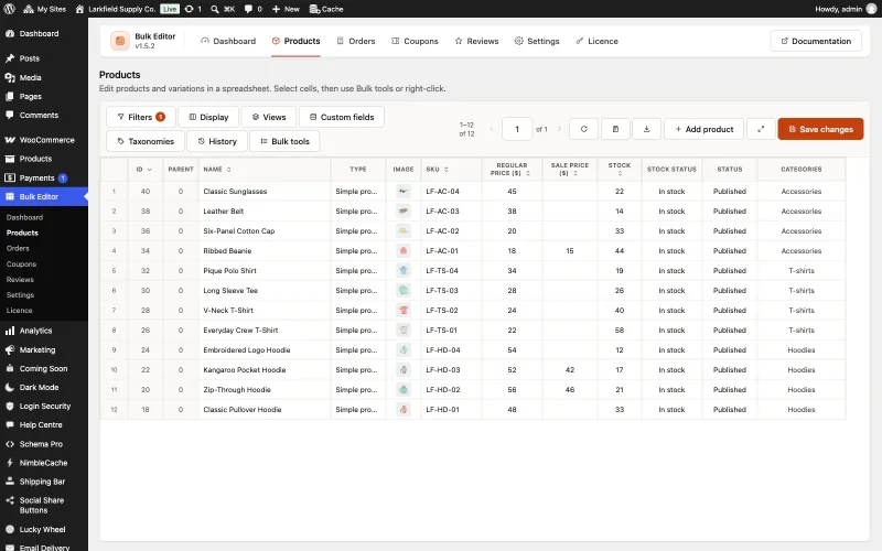 The Products editor of Bulk Editor in WordPress admin. A toolbar with Filters (one active), Display, Views, Custom fields, Taxonomies, History and Bulk tools sits above a spreadsheet of twelve products with columns for ID, name, type, image thumbnail, SKU, regular price, sale price, stock, stock status, status and categories.