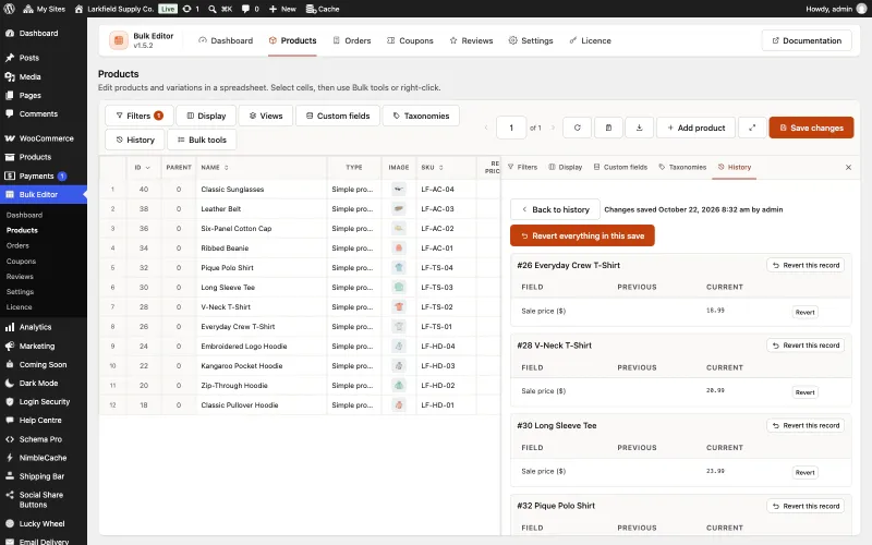 The History panel open beside the grid, showing the save from October 22, 2026 by admin. A Revert everything in this save button sits above one card per product, such as #26 Everyday Crew T-Shirt, listing the Sale price field with its previous and current value and a Revert button.
