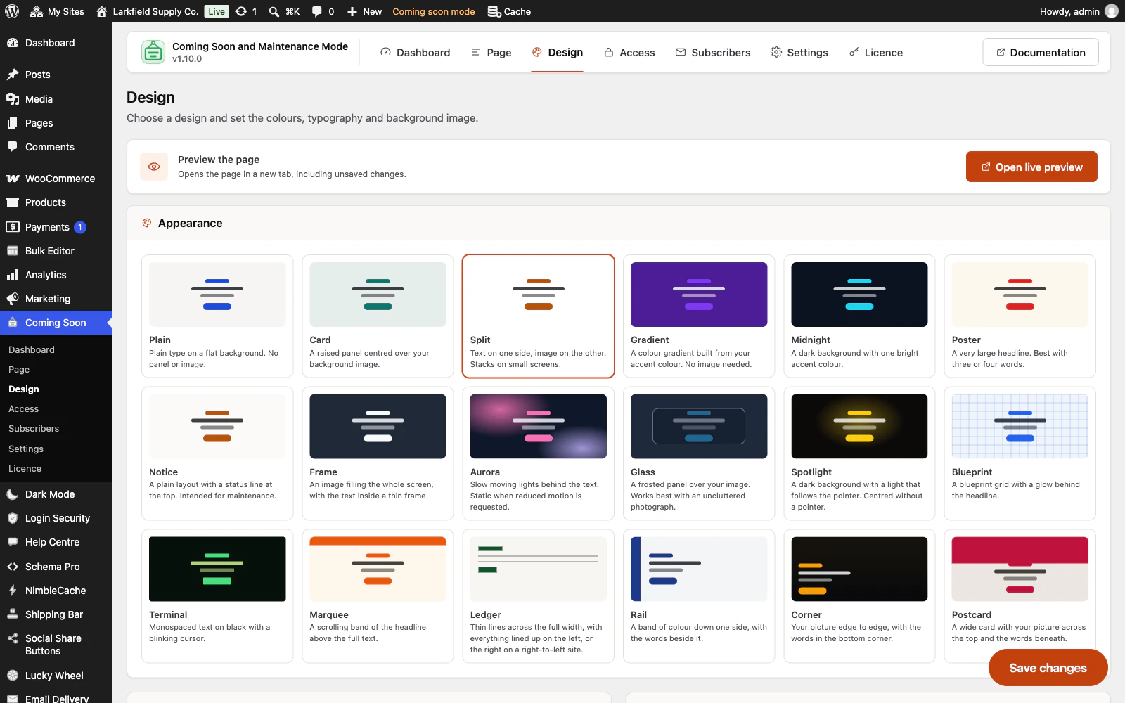 The Design tab of Coming Soon and Maintenance Mode in WordPress admin. An Open live preview button sits above an Appearance panel of design cards: Plain, Card, Split (selected), Gradient, Midnight, Poster, Notice, Frame, Aurora, Glass, Spotlight, Blueprint, Terminal, Marquee, Ledger, Rail, Corner and Postcard, each with a one-line description.
