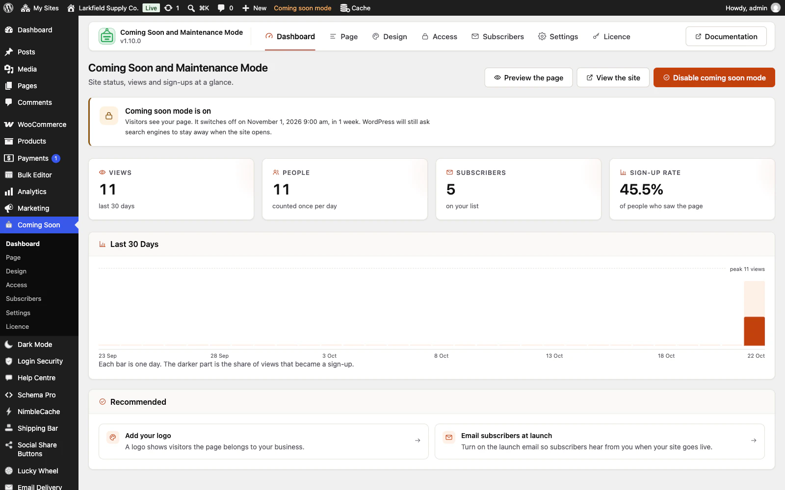 The Coming Soon dashboard. A notice reads Coming soon mode is on: visitors see your page, and it switches off on November 1, 2026 9:00 am, in 1 week. Four cards show 11 views, 11 people, 5 subscribers and a 45.5% sign-up rate. A Last 30 Days chart has one bar for 22 October, and Preview the page, View the site and Disable coming soon mode buttons sit at the top.