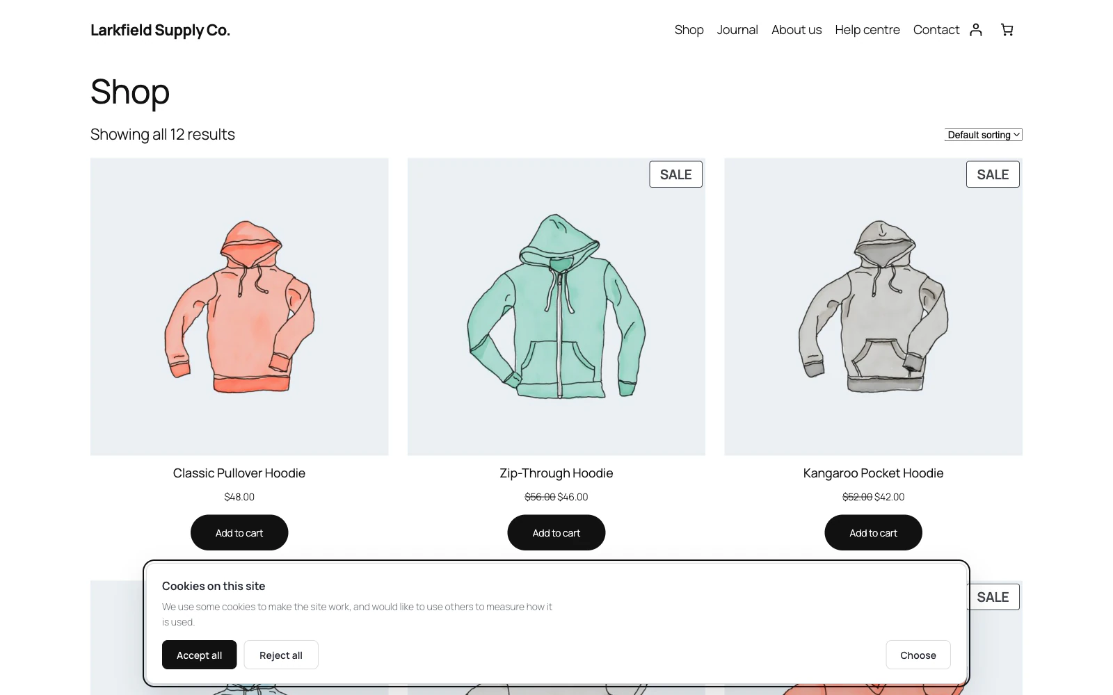 A shop page with a cookie banner along the bottom. It is headed Cookies on this site, says the site uses some cookies to work and would like to use others to measure how it is used, and has an Accept all button, a Reject all button of the same size next to it, and a Choose button on the right.