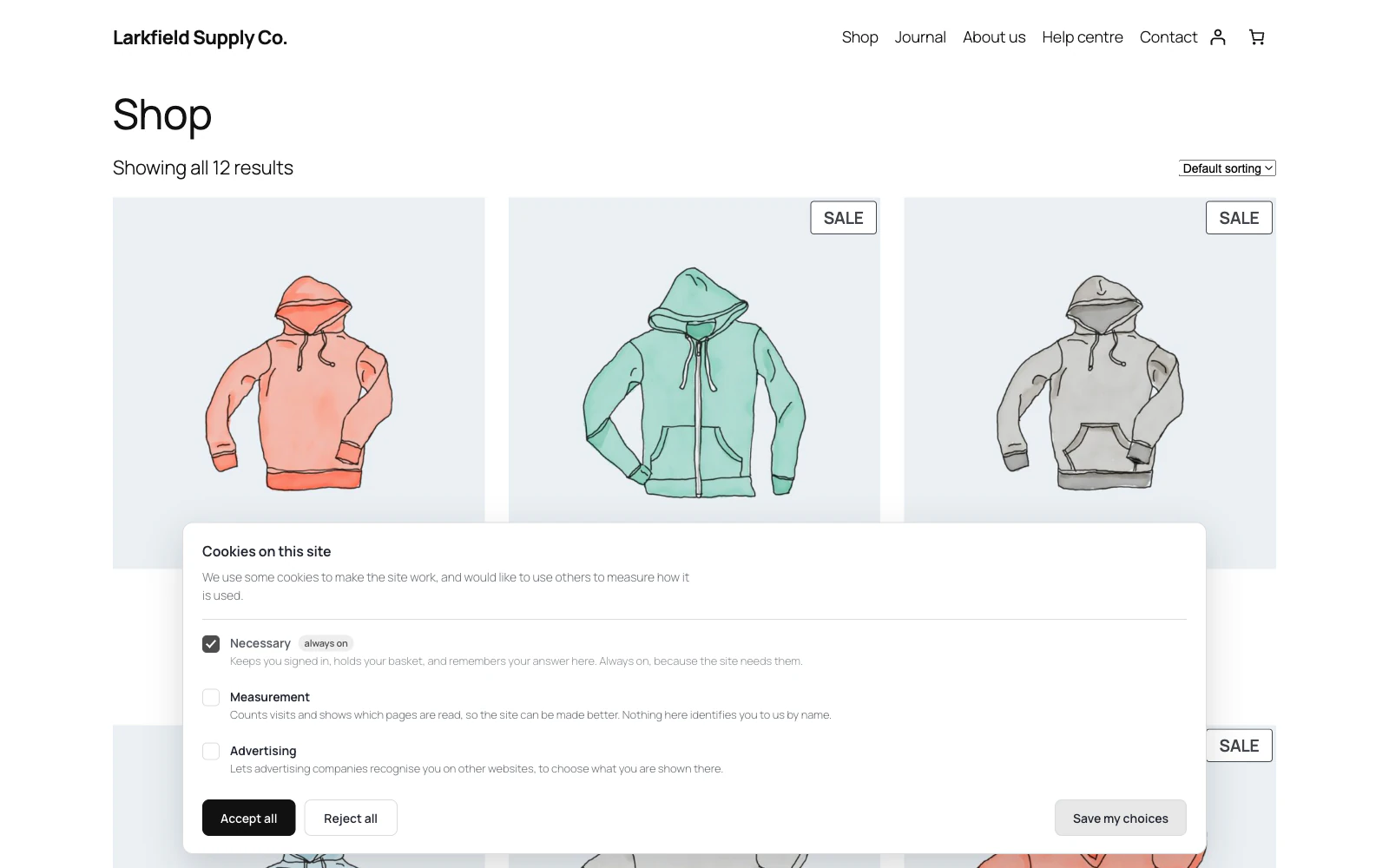 The same banner opened with Choose. Necessary is ticked and marked always on; Measurement and Advertising are unticked, each with a one-line plain description. Accept all, Reject all and Save my choices buttons sit underneath.