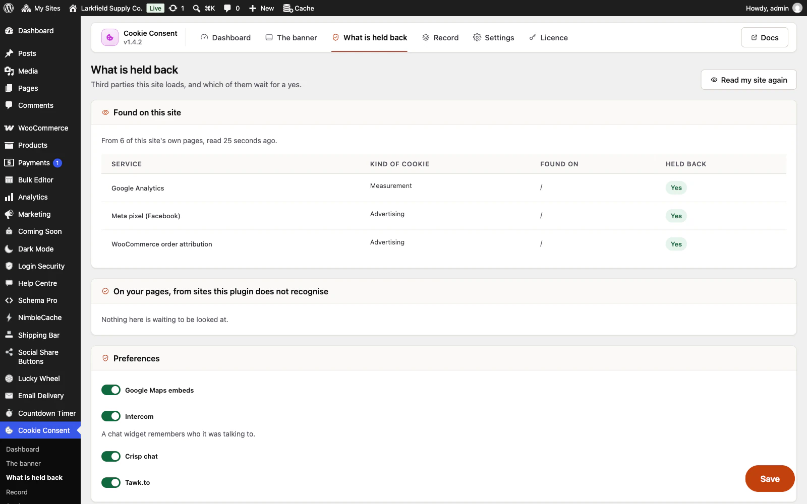 The What is held back tab of Cookie Consent in WordPress admin. A Found on this site table, read from 6 of the site's pages, lists Google Analytics (Measurement), Meta pixel (Facebook) (Advertising) and WooCommerce order attribution (Advertising), each found on the home page and marked Held back: Yes. Below, a panel for scripts from unrecognised sites says nothing is waiting to be looked at, followed by switches for known services.