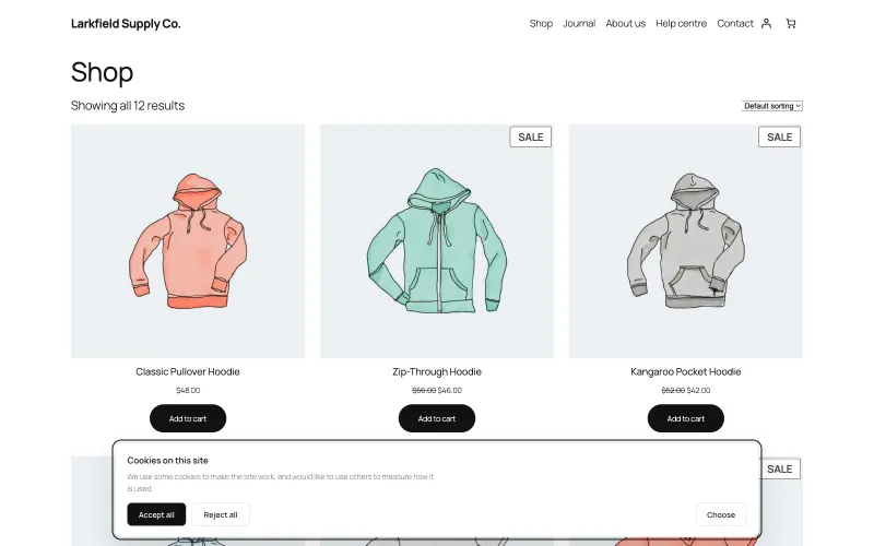 A shop page with a cookie banner along the bottom. It is headed Cookies on this site, says the site uses some cookies to work and would like to use others to measure how it is used, and has an Accept all button, a Reject all button of the same size next to it, and a Choose button on the right.