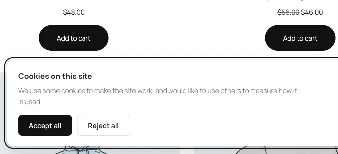 A shop page with a cookie banner along the bottom. It is headed Cookies on this site, says the site uses some cookies to work and would like to use others to measure how it is used, and has an Accept all button, a Reject all button of the same size next to it, and a Choose button on the right.