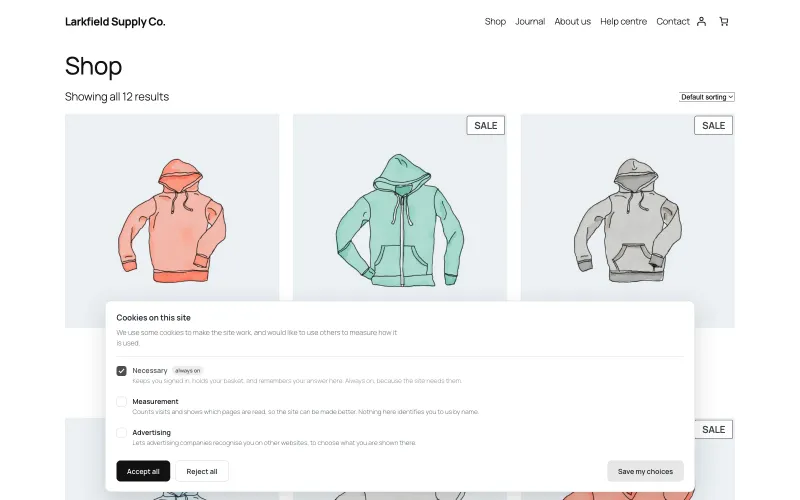 The same banner opened with Choose. Necessary is ticked and marked always on; Measurement and Advertising are unticked, each with a one-line plain description. Accept all, Reject all and Save my choices buttons sit underneath.