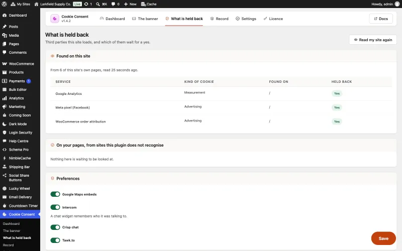 The What is held back tab of Cookie Consent in WordPress admin. A Found on this site table, read from 6 of the site's pages, lists Google Analytics (Measurement), Meta pixel (Facebook) (Advertising) and WooCommerce order attribution (Advertising), each found on the home page and marked Held back: Yes. Below, a panel for scripts from unrecognised sites says nothing is waiting to be looked at, followed by switches for known services.