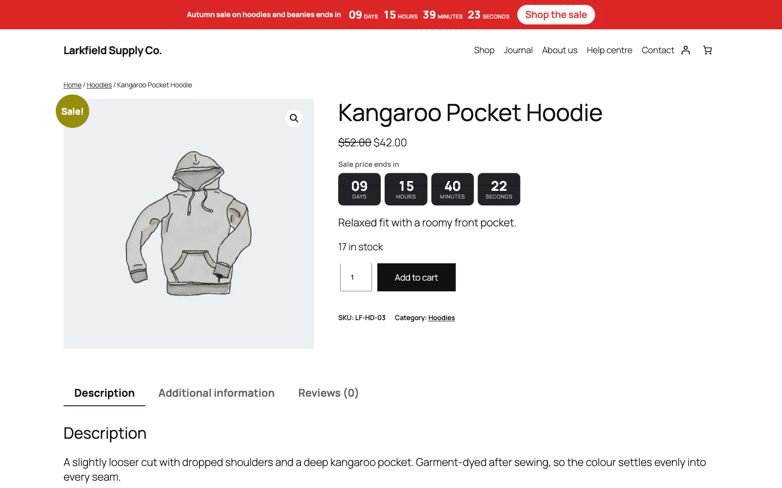 The product page for a Kangaroo Pocket Hoodie, reduced from $52 to $42. Under the price, the heading Sale price ends in sits above four dark flip tiles counting days, hours, minutes and seconds. A red ribbon across the top of the page reads: Autumn sale on hoodies and beanies ends in, with a running clock and a Shop the sale button.