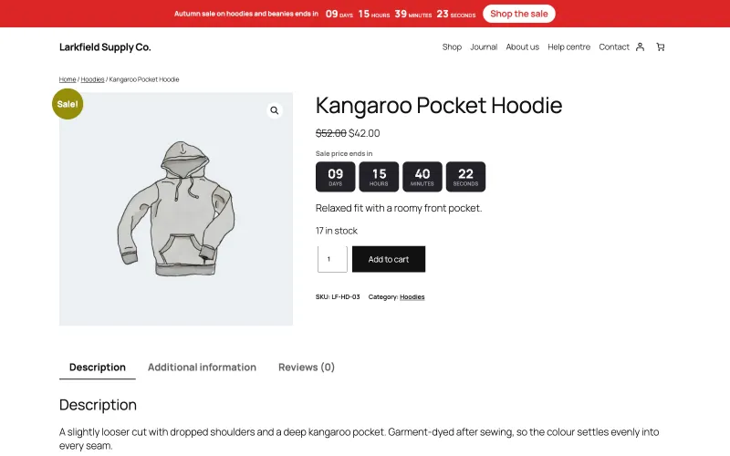 The product page for a Kangaroo Pocket Hoodie, reduced from $52 to $42. Under the price, the heading Sale price ends in sits above four dark flip tiles counting days, hours, minutes and seconds. A red ribbon across the top of the page reads: Autumn sale on hoodies and beanies ends in, with a running clock and a Shop the sale button.