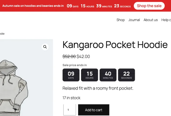 The product page for a Kangaroo Pocket Hoodie, reduced from $52 to $42. Under the price, the heading Sale price ends in sits above four dark flip tiles counting days, hours, minutes and seconds. A red ribbon across the top of the page reads: Autumn sale on hoodies and beanies ends in, with a running clock and a Shop the sale button.
