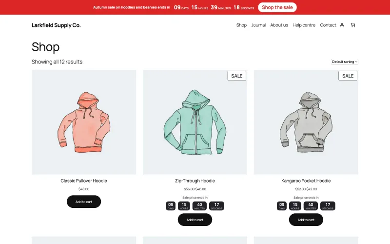 The shop page with three hoodies in a row. The two on sale show their crossed-out and sale prices, then Sale price ends in and a small four-tile countdown above the Add to cart button. The red sale ribbon runs across the top of the page.