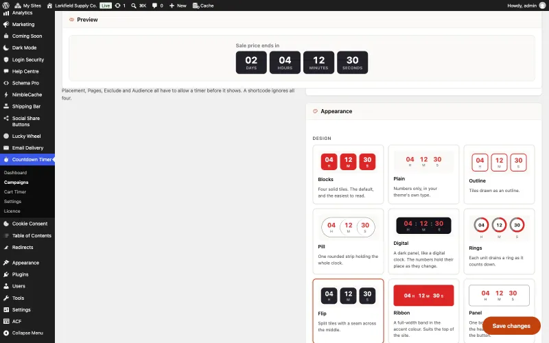 Further down the campaign editor, the Appearance panel shows design cards named Blocks, Plain, Outline, Pill, Digital, Rings, Flip (selected), Ribbon and Panel, each drawn as a small countdown. The preview of the chosen design stays pinned at the top of the screen.
