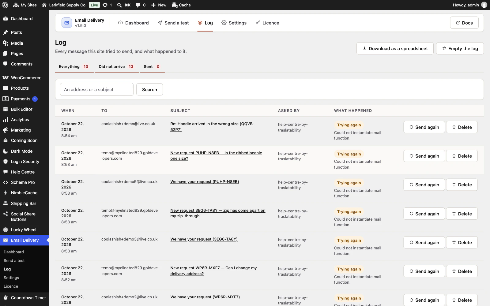 The Log tab with counts for Everything, Did not arrive and Sent, a search box, and a table of messages from October 22, 2026. Each row shows the recipient, the subject (such as We have your request (PUHP-N8EB) or New request WP6R-MXF7), the plugin that asked for it, a Trying again label with the reason Could not instantiate mail function, and Send again and Delete buttons.