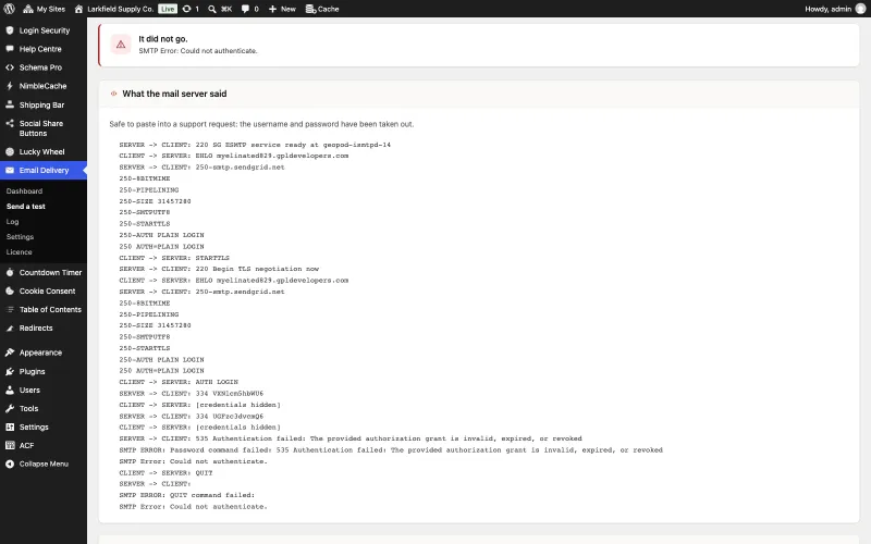 The Send a test screen of Email Delivery in WordPress admin. A red box reads It did not go. SMTP Error: Could not authenticate. Below, a panel headed What the mail server said, noting it is safe to paste into a support request, shows the full conversation with smtp.sendgrid.net, the sign-in lines replaced by [credentials hidden], ending in 535 Authentication failed: The provided authorization grant is invalid, expired, or revoked.