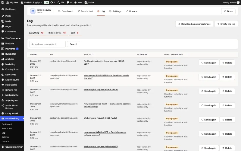 The Log tab with counts for Everything, Did not arrive and Sent, a search box, and a table of messages from October 22, 2026. Each row shows the recipient, the subject (such as We have your request (PUHP-N8EB) or New request WP6R-MXF7), the plugin that asked for it, a Trying again label with the reason Could not instantiate mail function, and Send again and Delete buttons.