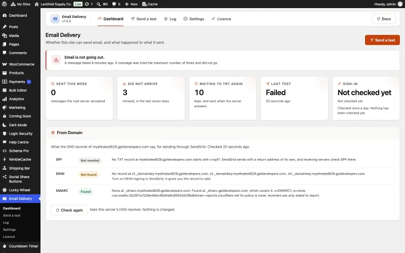 The Email Delivery dashboard. A red notice reads Email is not going out, a message was tried the maximum number of times and did not go. Five cards show 0 sent this week, 3 that did not arrive, 10 waiting to try again, last test Failed, and the sign-in not checked yet. A From Domain panel lists SPF as Not needed, DKIM as Not found with the record names it looked for, and DMARC as Found.
