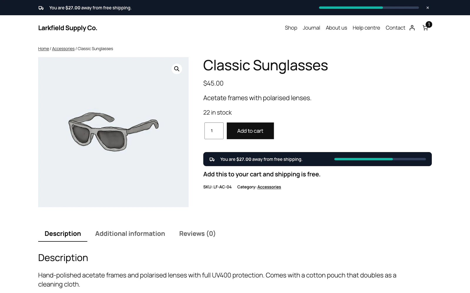 The product page for Classic Sunglasses at $45. Under the Add to cart button a dark bar reads: You are $27.00 away from free shipping, followed by the line: Add this to your cart and shipping is free. The same bar runs across the top of the page.