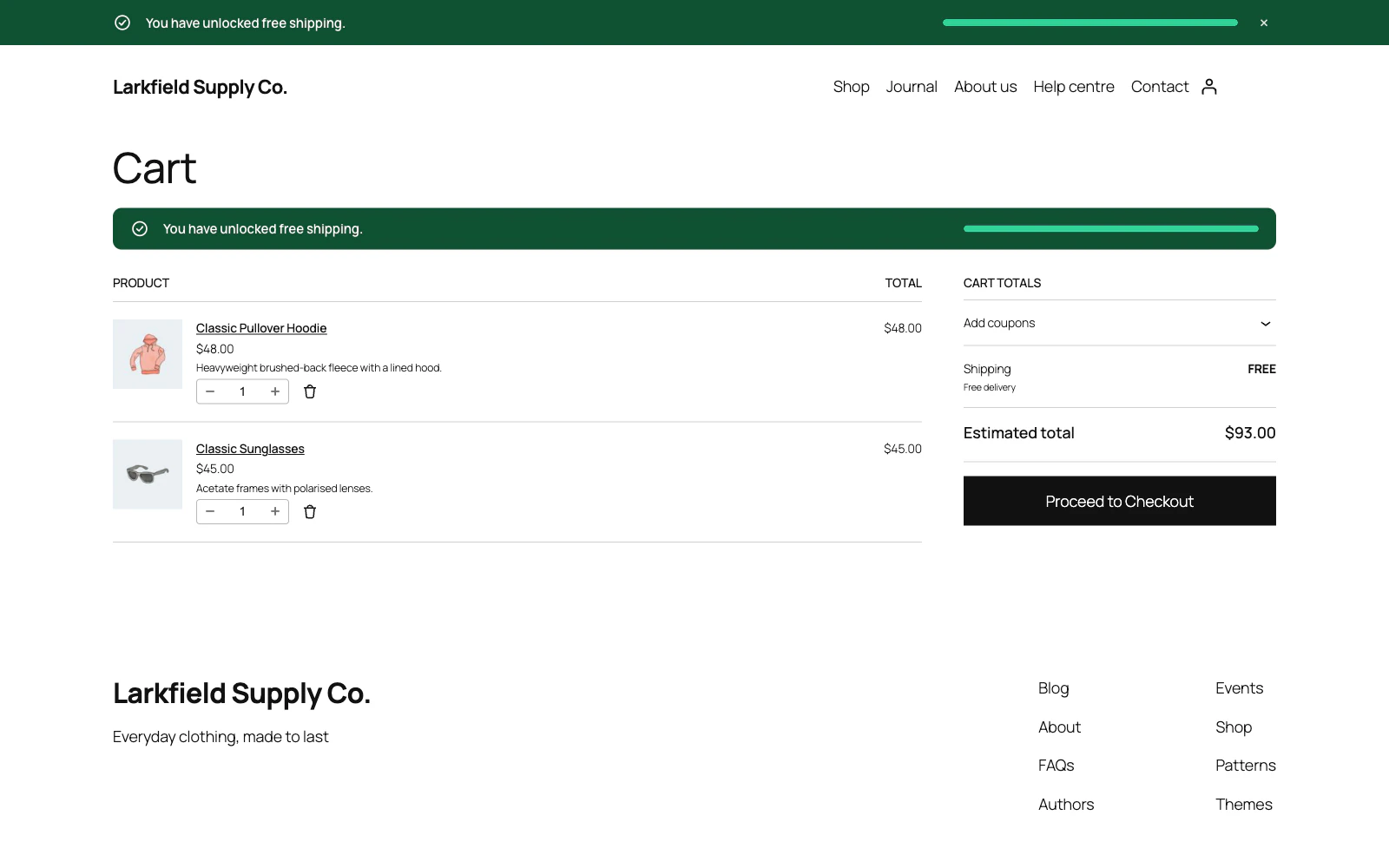 The cart with a hoodie and a pair of sunglasses, $93 in total. A green bar across the top of the page and another above the cart read: You have unlocked free shipping, with a full progress line. The cart totals show Shipping: FREE, Free delivery.