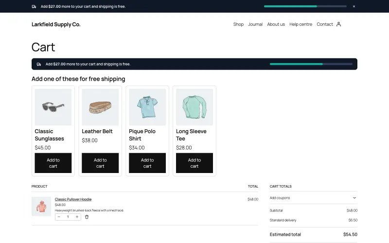 A shop cart holding one $48 hoodie. A dark bar across the top of the page and another above the cart read: Add $27.00 more to your cart and shipping is free, each with a part-filled progress line. Under the heading Add one of these for free shipping are sunglasses, a leather belt, a polo shirt and a long sleeve tee, each with an Add to cart button.