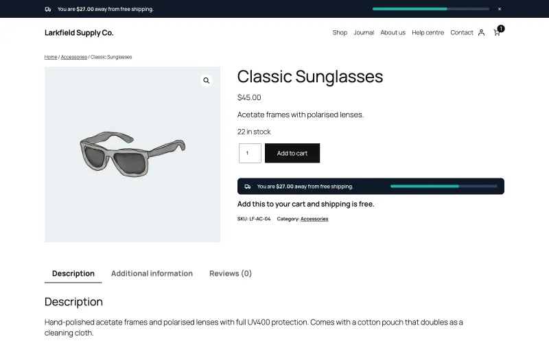 The product page for Classic Sunglasses at $45. Under the Add to cart button a dark bar reads: You are $27.00 away from free shipping, followed by the line: Add this to your cart and shipping is free. The same bar runs across the top of the page.