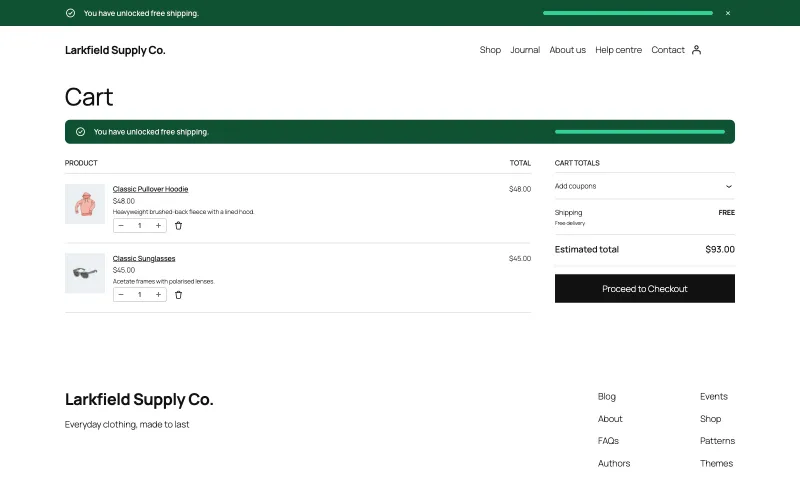 The cart with a hoodie and a pair of sunglasses, $93 in total. A green bar across the top of the page and another above the cart read: You have unlocked free shipping, with a full progress line. The cart totals show Shipping: FREE, Free delivery.