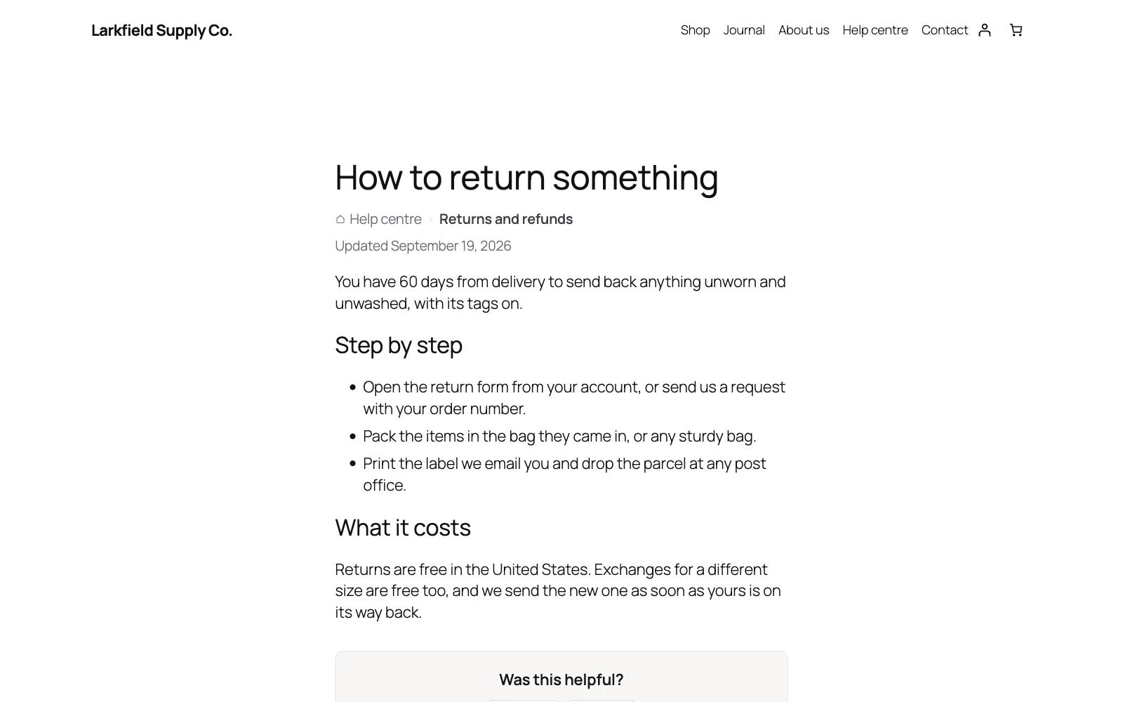 A help article titled How to return something. Under the title, a breadcrumb reads Help centre, Returns and refunds, then Updated September 19, 2026. The article has a short introduction, a Step by step list and a What it costs section, followed by a box asking Was this helpful?
