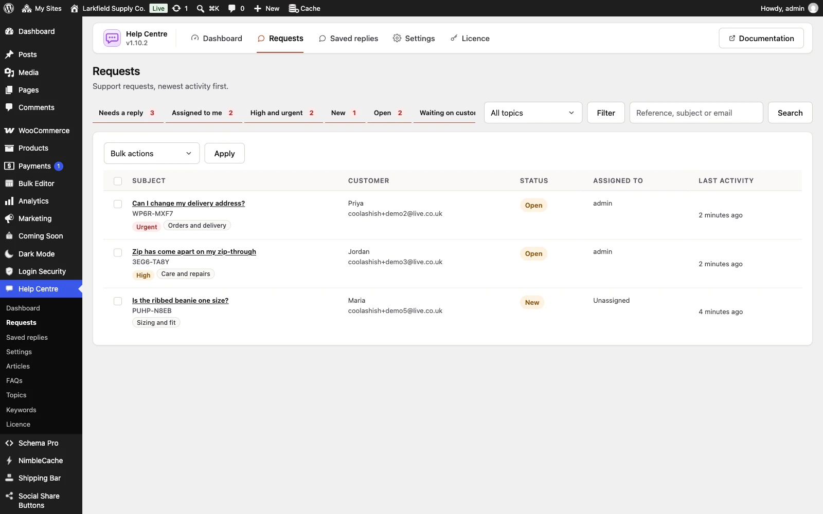 The Requests screen of Help Centre in WordPress admin, with tabs for Needs a reply, Assigned to me, High and urgent, New, Open and Waiting on customer, a topic filter and a search box. The table lists three requests with their reference, priority and topic labels (Urgent, High), the customer's name and email, a status of Open or New, who each is assigned to, and the last activity.