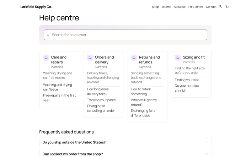 A shop's Help centre page. A wide search field reading Search for an answer sits above four topic cards, Care and repairs, Orders and delivery, Returns and refunds, and Sizing and fit, each with an article count, a one-line description and links to its articles. A Frequently asked questions list starts underneath.
