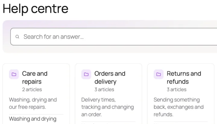 A shop's Help centre page. A wide search field reading Search for an answer sits above four topic cards, Care and repairs, Orders and delivery, Returns and refunds, and Sizing and fit, each with an article count, a one-line description and links to its articles. A Frequently asked questions list starts underneath.