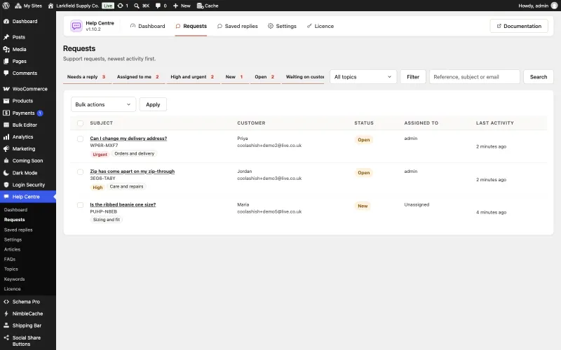 The Requests screen of Help Centre in WordPress admin, with tabs for Needs a reply, Assigned to me, High and urgent, New, Open and Waiting on customer, a topic filter and a search box. The table lists three requests with their reference, priority and topic labels (Urgent, High), the customer's name and email, a status of Open or New, who each is assigned to, and the last activity.