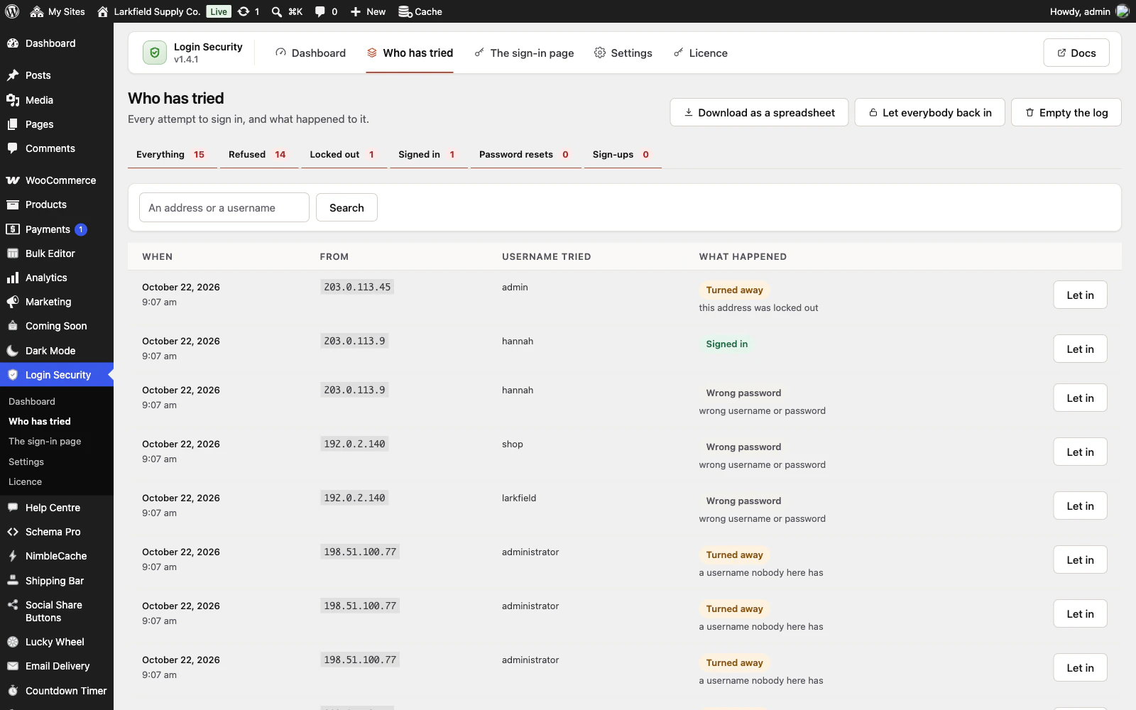 The Who has tried log, with tabs for Everything, Refused, Locked out, Signed in, Password resets and Sign-ups, and a search box. Rows from October 22, 2026 show 203.0.113.45 trying admin and being turned away because the address was locked out, 203.0.113.9 signing in as hannah after one wrong password, 192.0.2.140 trying shop and larkfield, and 198.51.100.77 trying administrator, turned away as a username nobody here has. Each row has a Let in button.