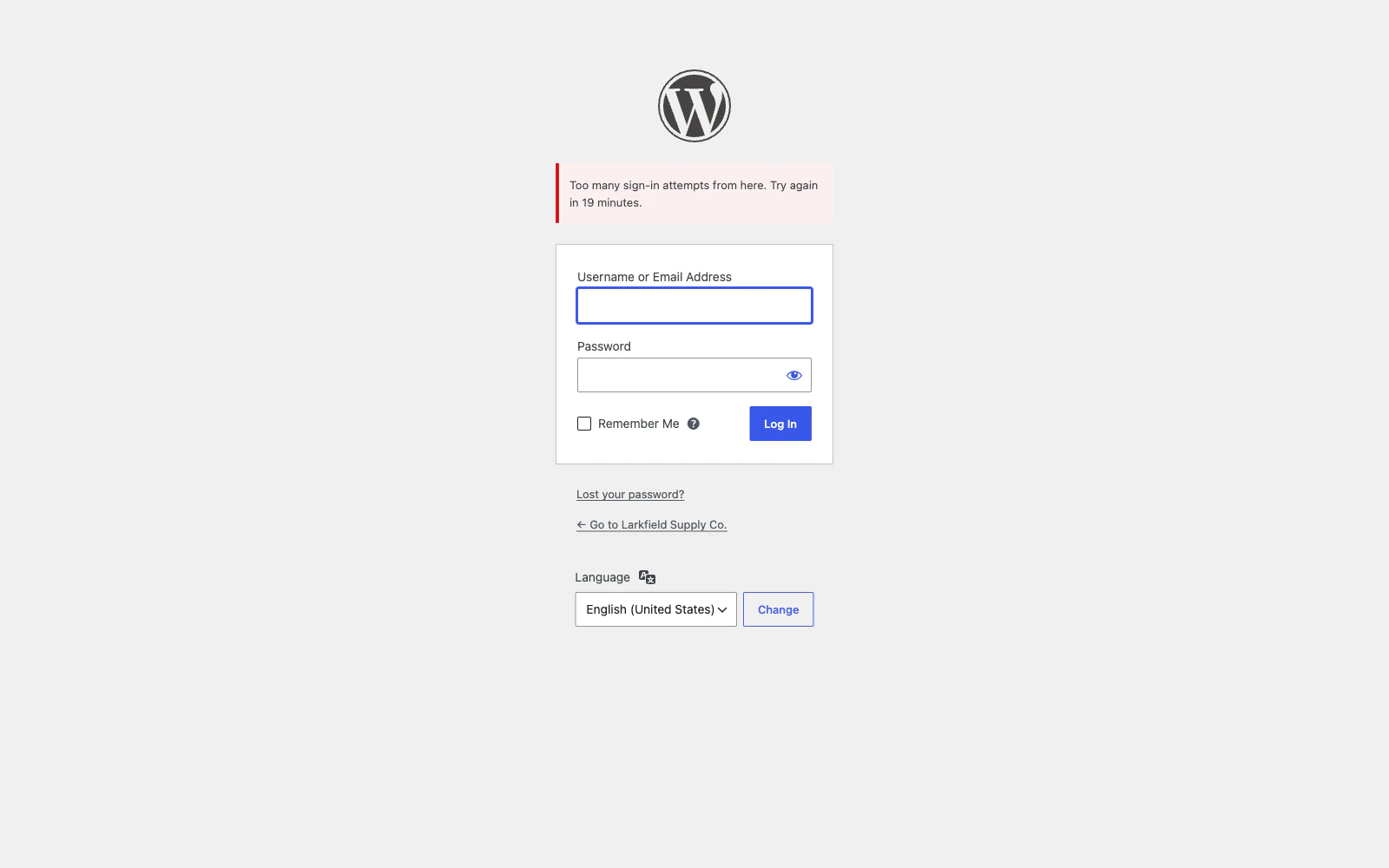 The WordPress sign-in page with a red message: Too many sign-in attempts from here. Try again in 19 minutes. The username and password fields are empty below it.