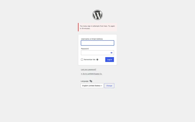 The WordPress sign-in page with a red message: Too many sign-in attempts from here. Try again in 19 minutes. The username and password fields are empty below it.