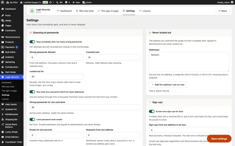 The Settings tab. Guessing at passwords: stop somebody after 5 wrong passwords counted over 15 minutes, locked out for 20 minutes the first time and three times longer after that; also stop one username tried 20 times from many addresses; limit password reset emails to 3 for one account and 5 from one address. On the right, Never locked out lists the trusted addresses with an Add the address I am on now button, and Sign-ups screens new accounts for bots.