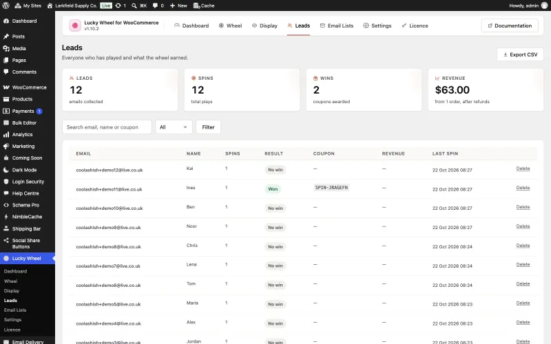 The Leads tab showing four totals: 12 leads, 12 spins, 2 wins and $63.00 revenue from 1 order. Below is a searchable table of plays with columns for email, name, spins, result (Won or No win), coupon, revenue and last spin, and an Export CSV button.
