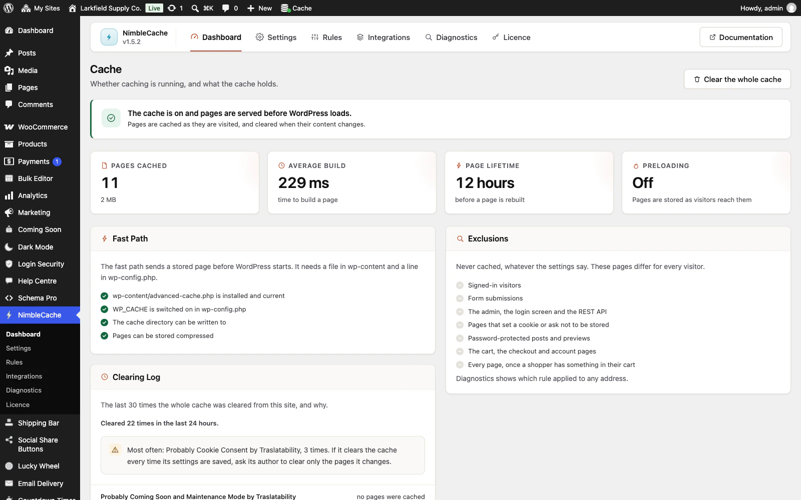 The NimbleCache dashboard in WordPress admin. A green notice reads The cache is on and pages are served before WordPress loads. Four cards show 11 pages cached (2 MB), an average build of 229 ms, a 12 hour page lifetime and preloading off. A Fast Path panel ticks off advanced-cache.php installed and current, WP_CACHE switched on in wp-config.php, the cache directory writable and compressed pages. An Exclusions panel lists what is never cached, and a Clearing Log lists recent full clears with the plugin that probably caused each.