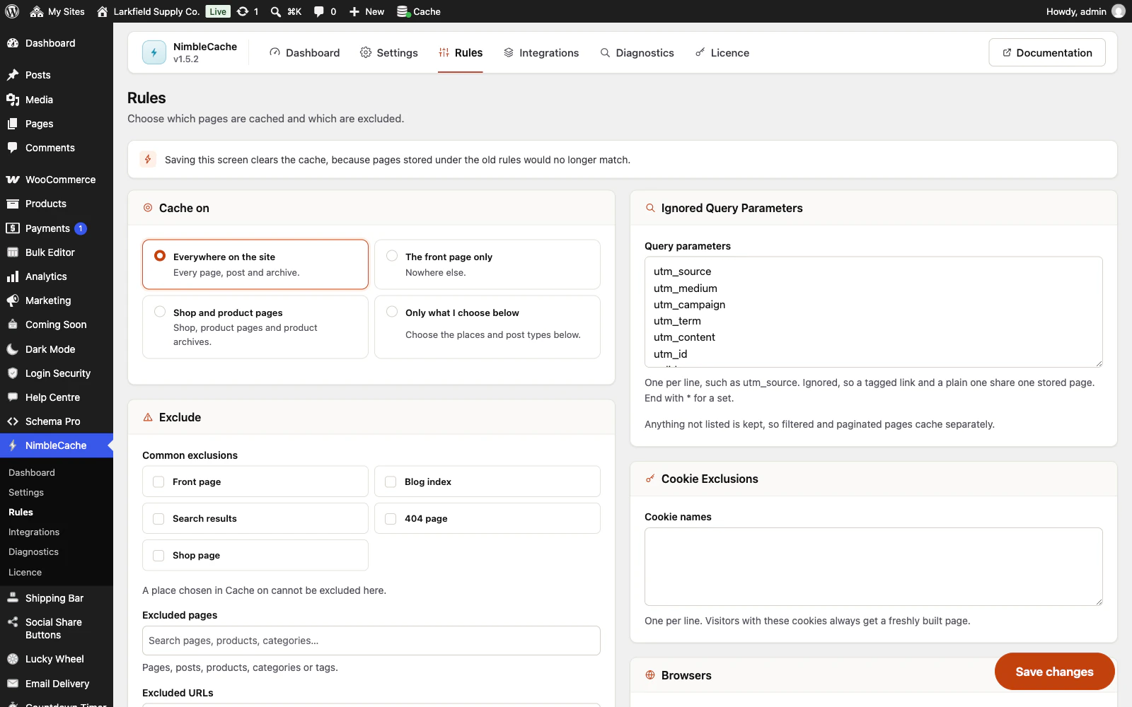 The Rules tab. Cache on offers Everywhere on the site (selected), The front page only, Shop and product pages, and Only what I choose below. An Exclude panel lists common exclusions such as front page, blog index, search results, 404 page and shop page, and boxes for excluded pages and addresses. On the right, Ignored Query Parameters lists utm_source, utm_medium, utm_campaign, utm_term, utm_content and utm_id, above a Cookie Exclusions box.