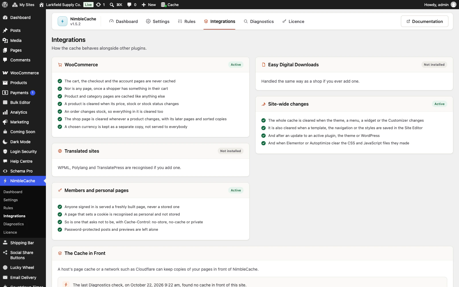 The Integrations tab. A WooCommerce panel marked Active lists that the cart, checkout and account pages are never cached, nor any page once a shopper has something in their cart, and that a product is cleared when its price or stock changes. Panels for Members and personal pages and Site-wide changes are also Active; Easy Digital Downloads and translated sites are marked Not installed. The Cache in Front panel begins at the bottom.