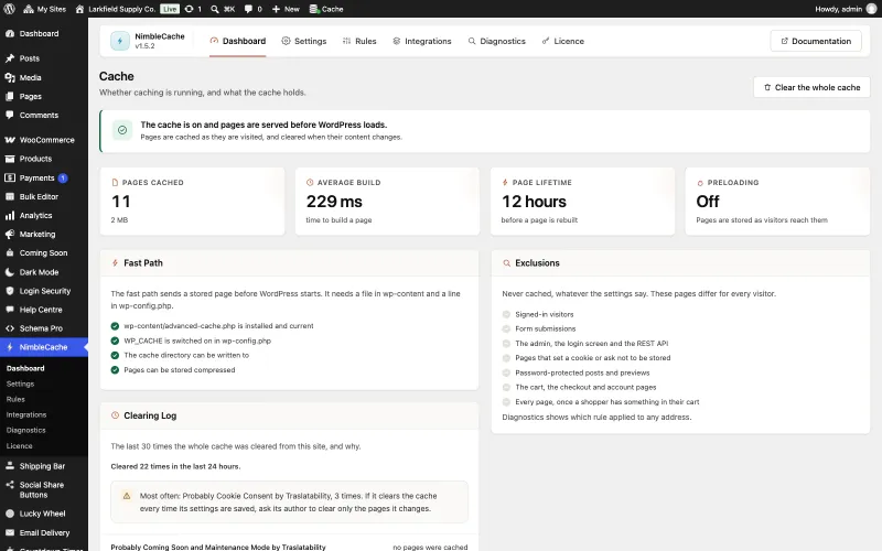 The NimbleCache dashboard in WordPress admin. A green notice reads The cache is on and pages are served before WordPress loads. Four cards show 11 pages cached (2 MB), an average build of 229 ms, a 12 hour page lifetime and preloading off. A Fast Path panel ticks off advanced-cache.php installed and current, WP_CACHE switched on in wp-config.php, the cache directory writable and compressed pages. An Exclusions panel lists what is never cached, and a Clearing Log lists recent full clears with the plugin that probably caused each.