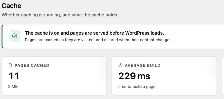 The NimbleCache dashboard in WordPress admin. A green notice reads The cache is on and pages are served before WordPress loads. Four cards show 11 pages cached (2 MB), an average build of 229 ms, a 12 hour page lifetime and preloading off. A Fast Path panel ticks off advanced-cache.php installed and current, WP_CACHE switched on in wp-config.php, the cache directory writable and compressed pages. An Exclusions panel lists what is never cached, and a Clearing Log lists recent full clears with the plugin that probably caused each.