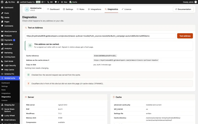 The Diagnostics tab. An address for the Classic Pullover Hoodie with utm_source, utm_campaign and fbclid parameters has been tested. The answer reads This address can be cached, for a signed-out visitor with no cart, stored as the plain product address without the parameters, with a copy on disk built 2 minutes ago. Below, Checked live: the second request was served from the cache, and a note that Cloudflare sits in front of the site but did not store the page.