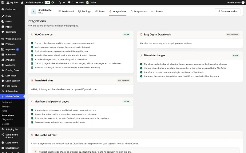 The Integrations tab. A WooCommerce panel marked Active lists that the cart, checkout and account pages are never cached, nor any page once a shopper has something in their cart, and that a product is cleared when its price or stock changes. Panels for Members and personal pages and Site-wide changes are also Active; Easy Digital Downloads and translated sites are marked Not installed. The Cache in Front panel begins at the bottom.