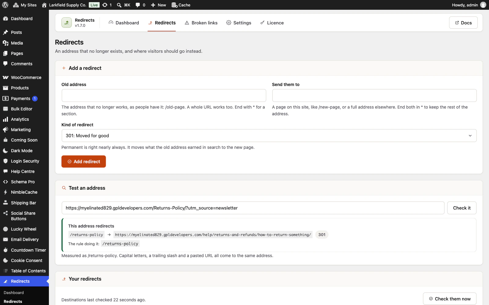 The Redirects screen with the Add a redirect form at the top. In Test an address, the pasted address https://myelinated829.gpldevelopers.com/Returns-Policy/?utm_source=newsletter has been checked. The answer reads This address redirects: /returns-policy to the How to return something help article, 301, with the rule doing it, and the note Measured as /returns-policy.
