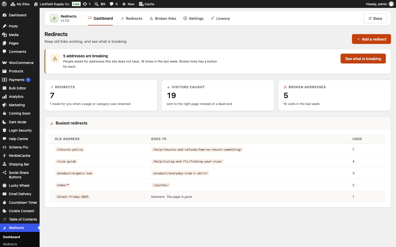 The Redirects dashboard. A notice says 5 addresses are breaking, asked for 16 times in the last week, with a See what is breaking button. Three cards show 7 redirects (1 made when a page was renamed), 19 visitors caught and 5 broken addresses. A Busiest redirects table lists /returns-policy used 7 times, /size-guide 4, /product/organic-tee 3, /news/* 2 and /black-friday-2025 1.
