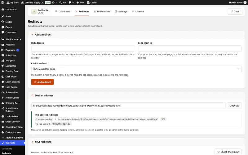 The Redirects screen with the Add a redirect form at the top. In Test an address, the pasted address https://myelinated829.gpldevelopers.com/Returns-Policy/?utm_source=newsletter has been checked. The answer reads This address redirects: /returns-policy to the How to return something help article, 301, with the rule doing it, and the note Measured as /returns-policy.
