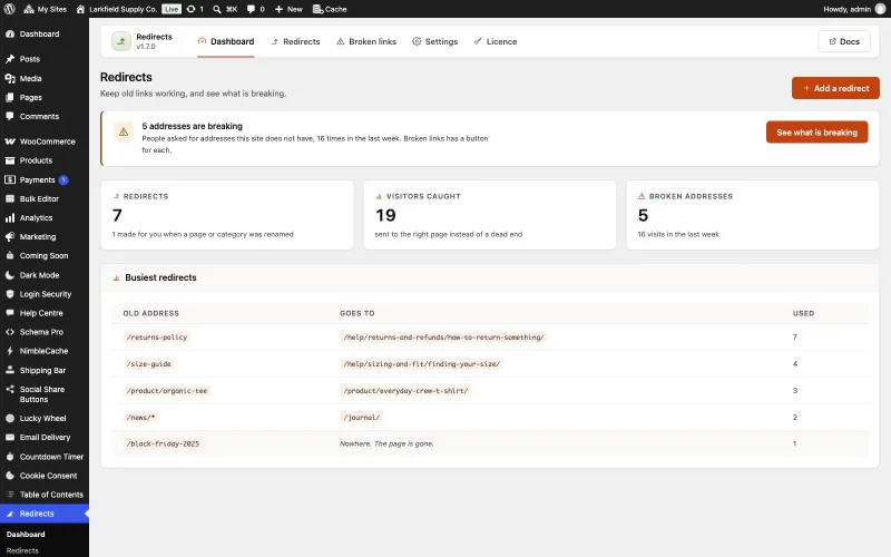 The Redirects dashboard. A notice says 5 addresses are breaking, asked for 16 times in the last week, with a See what is breaking button. Three cards show 7 redirects (1 made when a page was renamed), 19 visitors caught and 5 broken addresses. A Busiest redirects table lists /returns-policy used 7 times, /size-guide 4, /product/organic-tee 3, /news/* 2 and /black-friday-2025 1.