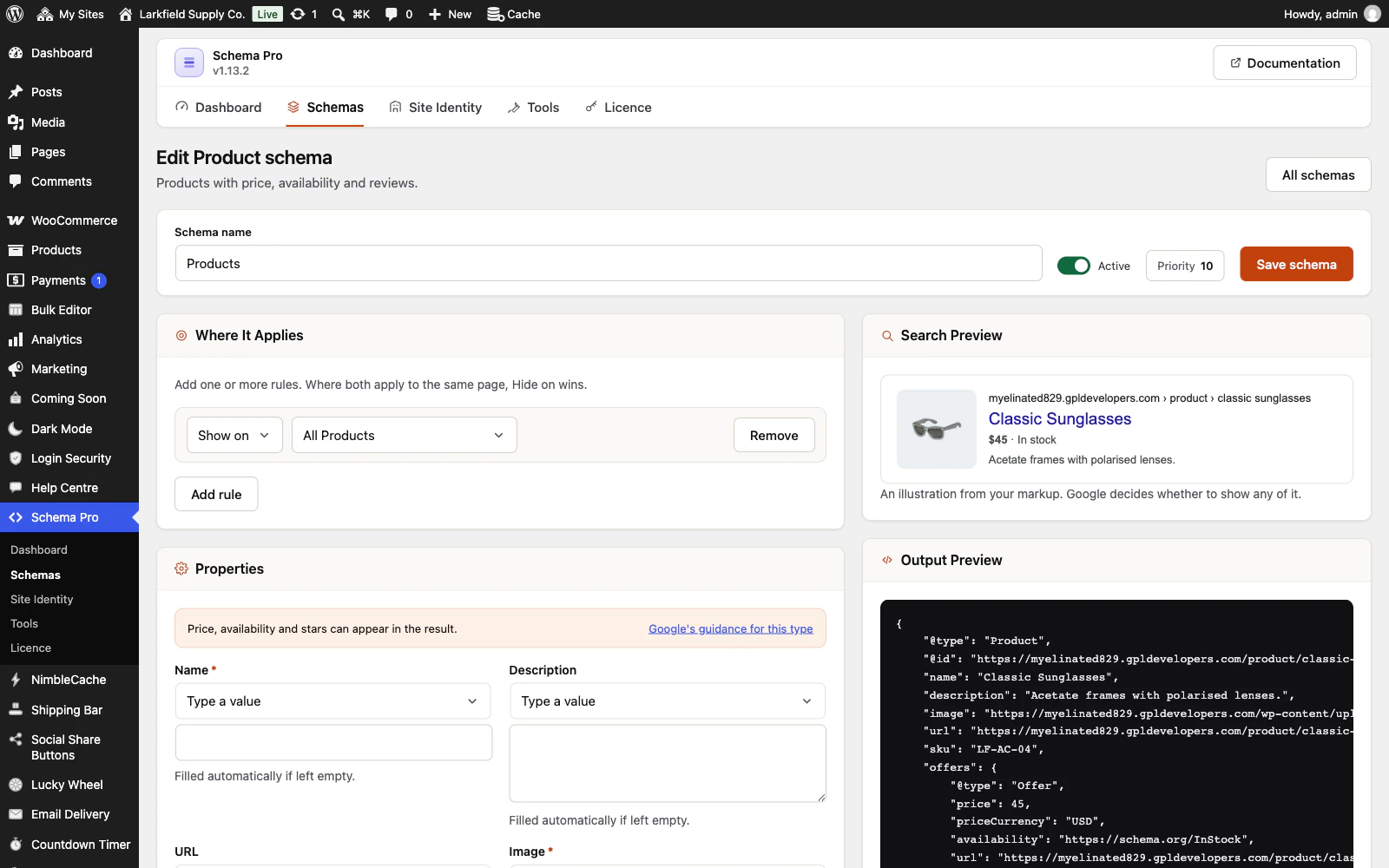 The Edit Product schema screen of Schema Pro in WordPress admin. A schema named Products is active and applies to All Products. Its properties, such as Name and Description, say Filled automatically if left empty. On the right, a Search Preview shows a search result for Classic Sunglasses with a photo, $45, In stock and its description, and an Output Preview shows the JSON-LD with the product's name, SKU LF-AC-04, price 45 and currency USD.