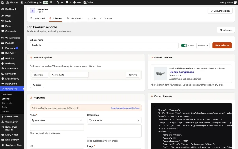 The Edit Product schema screen of Schema Pro in WordPress admin. A schema named Products is active and applies to All Products. Its properties, such as Name and Description, say Filled automatically if left empty. On the right, a Search Preview shows a search result for Classic Sunglasses with a photo, $45, In stock and its description, and an Output Preview shows the JSON-LD with the product's name, SKU LF-AC-04, price 45 and currency USD.