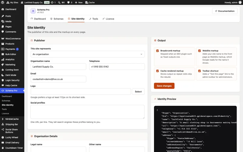 The Site Identity screen of Schema Pro. The Publisher panel says the site represents an organisation named Larkfield Supply Co., with a telephone number, an email address, a logo picker and a box for social profiles. On the right, Output switches for breadcrumb markup, WebSite markup, cached markup and a toolbar shortcut are ticked, and an Identity Preview shows the Organization JSON-LD with the shop's name, description, telephone, email and its address at 14 Mill Lane, Sacramento, California.